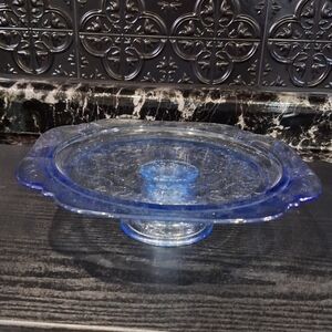 Vintage Blue Recollection Cake Plate By Indiana Glass, Depression Glass, Dessert
